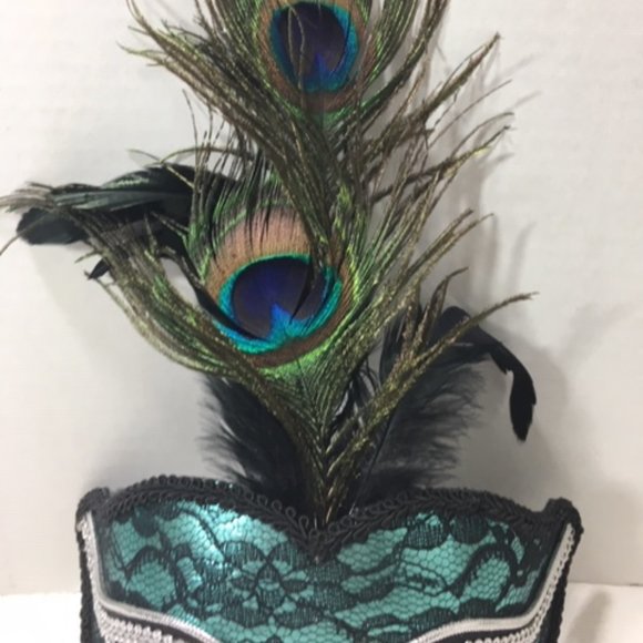 Turquoise Black Lace Peacock Feathers Masquerade Halloween Mask - Picture 6 of 9